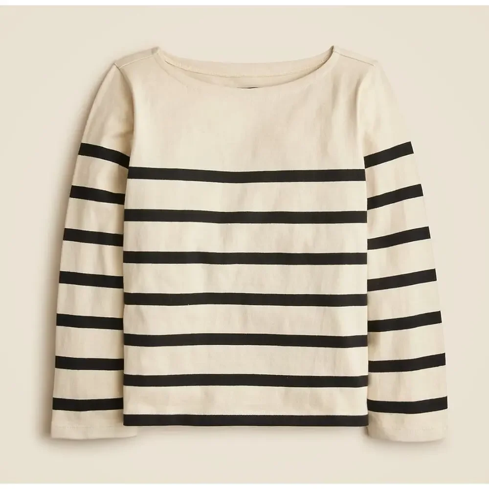 J. Crew Classic Mariner Cloth Boatneck T-Shirt in Stripe Tan H6778 Size XXS